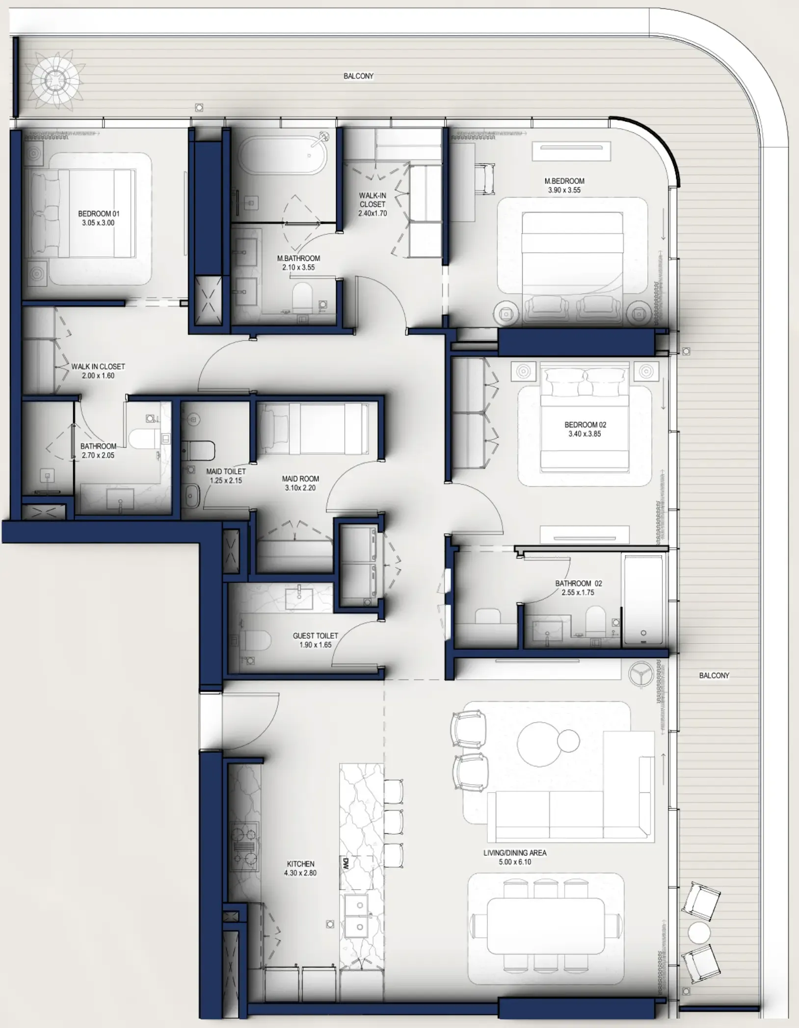 3 BR layout at Hilton Residences