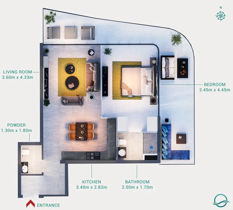 1 BR layout at Milos