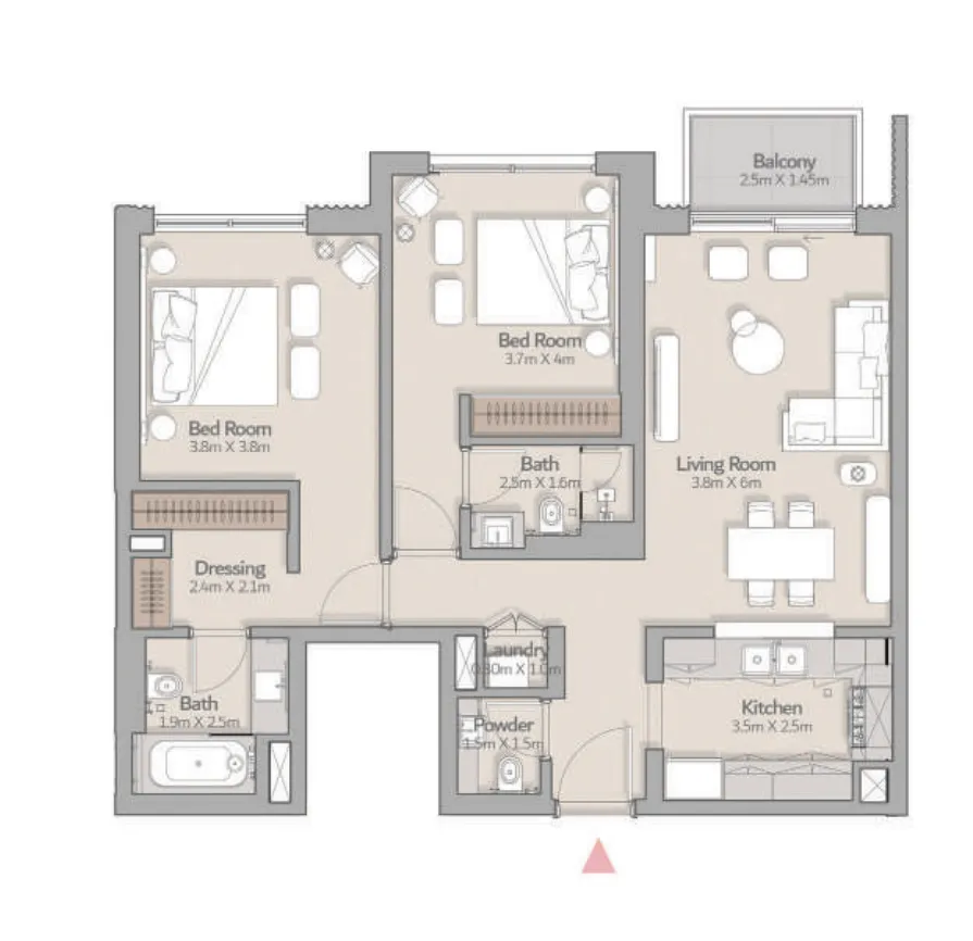 2 BR layout at South Square Tower S1