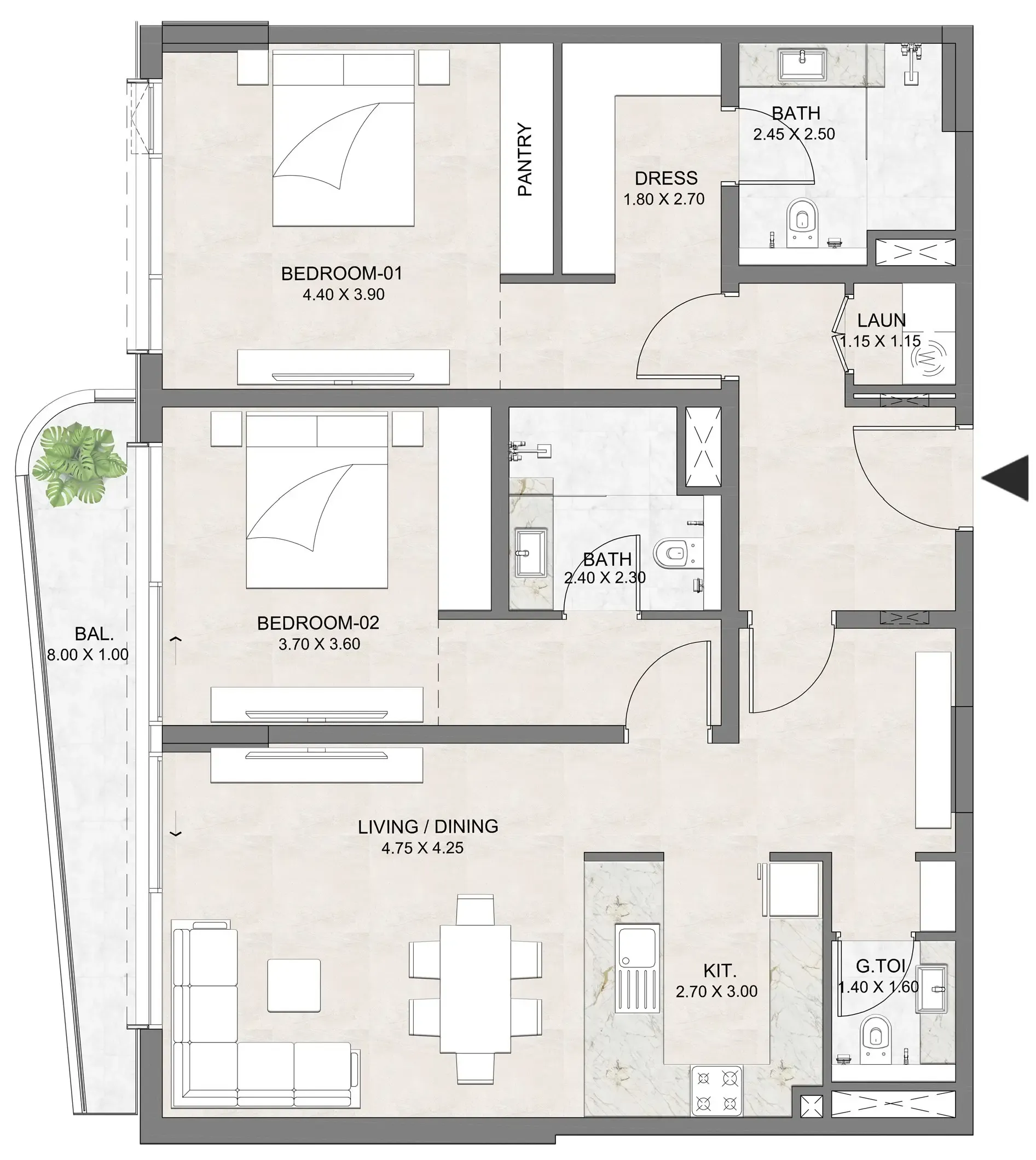2 BR layout at Luzora Residence
