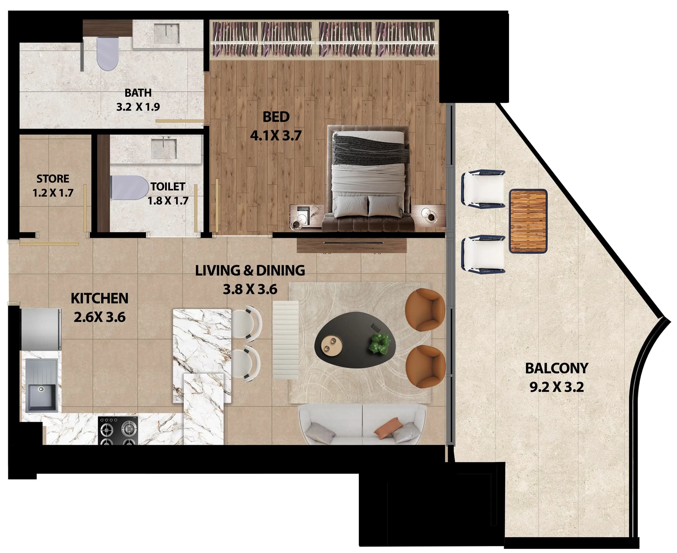1 BR layout at Marquis One