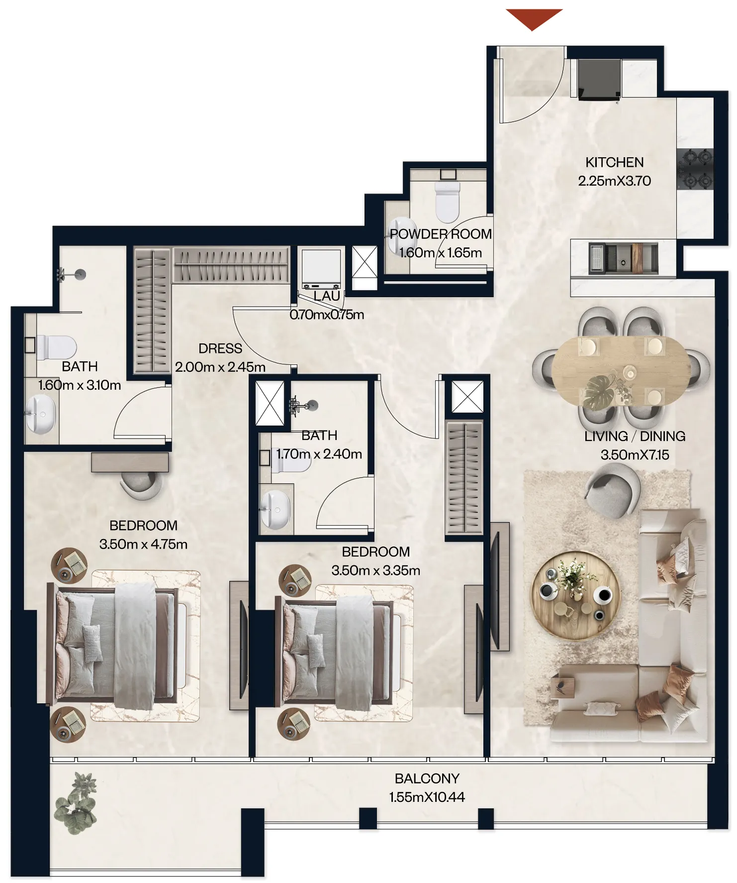 2 BR layout at Norah Residence
