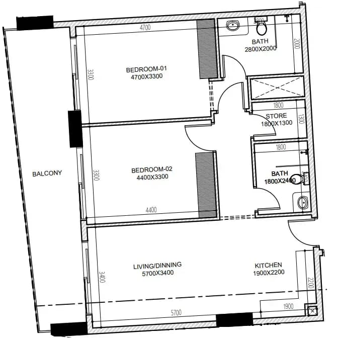 2 BR layout at Astra South