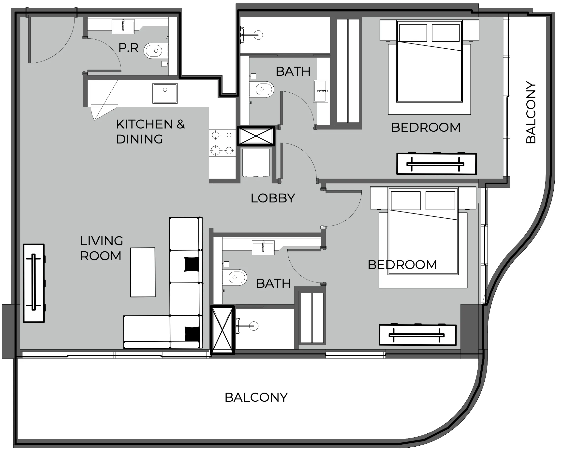 2 BR layout at The Boulevard