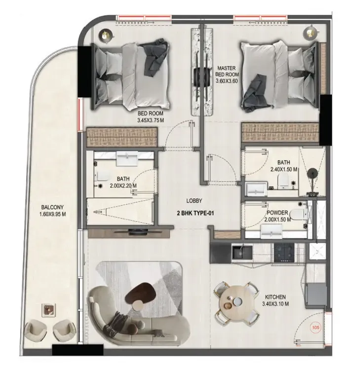 2 BR layout at Divine Elements