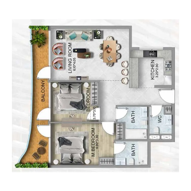 2 BR layout at 311 Boulevard