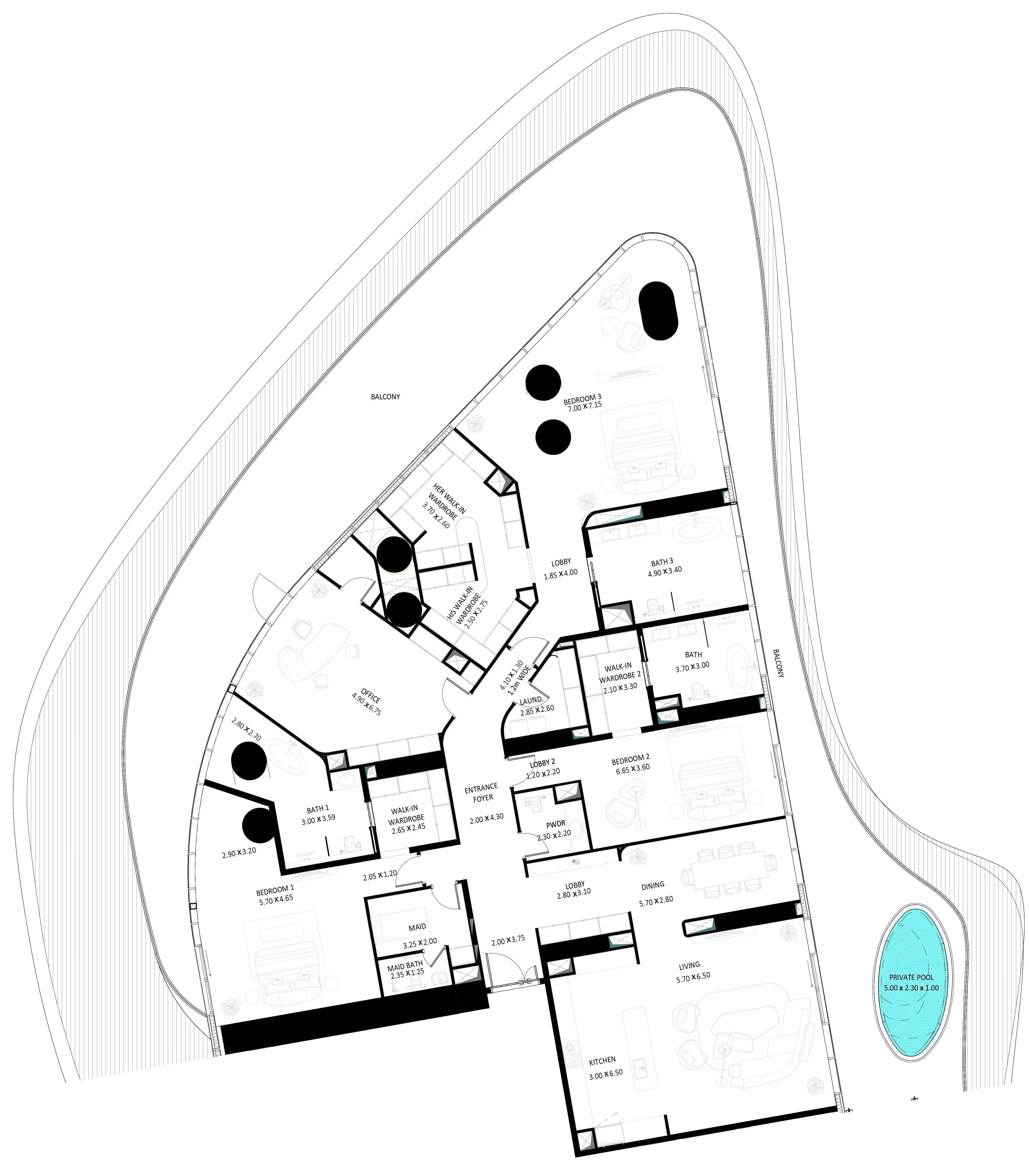 3 BR layout at Bugatti Residences by Binghatti