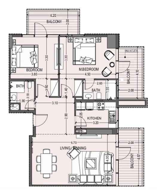 2 BR layout at Violet Tower