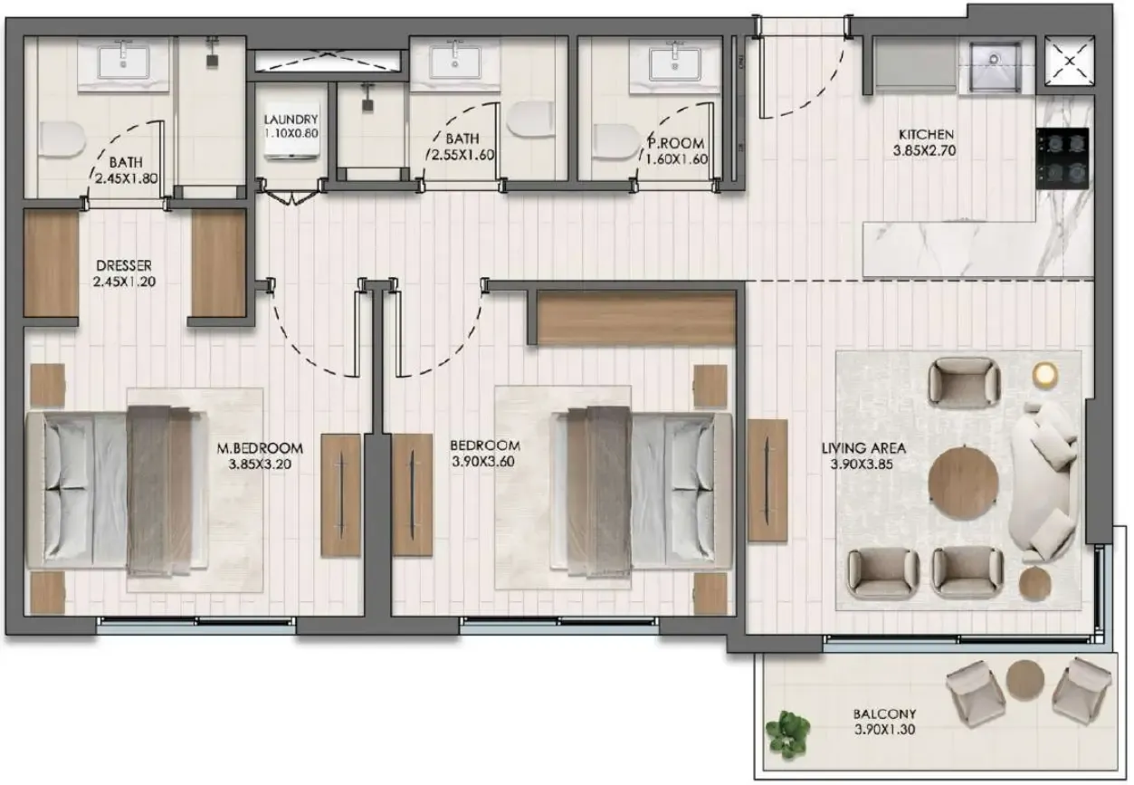 2 BR layout at Evelyn on the Park