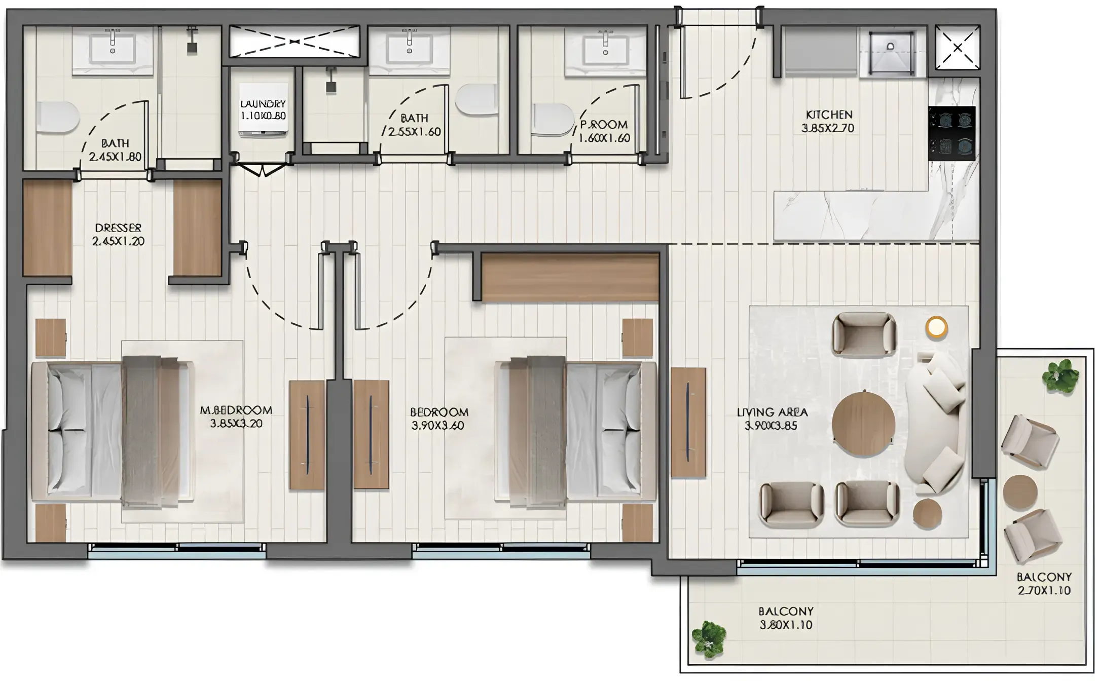 2 BR layout at Evelyn on the Park