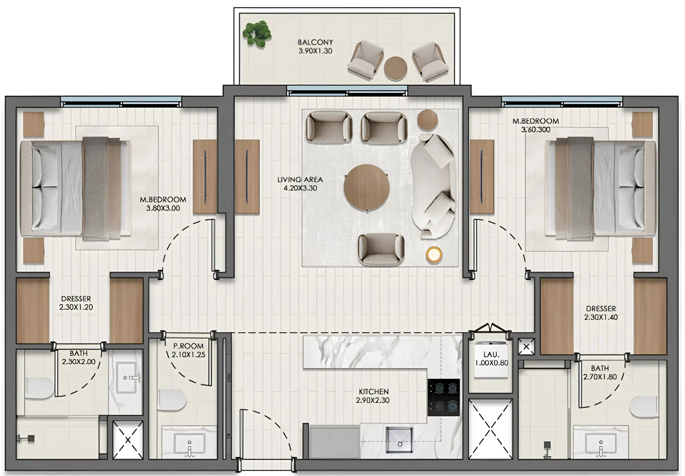 2 BR layout at Evelyn on the Park