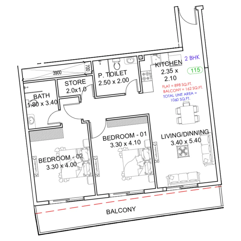 2 BR layout at Astra South
