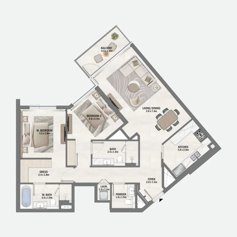 2 BR layout at Beachfront Gates