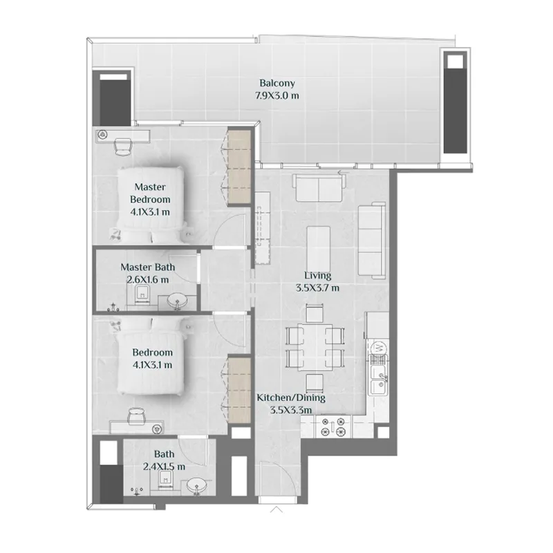 2 BR layout at Sky Hills Residence