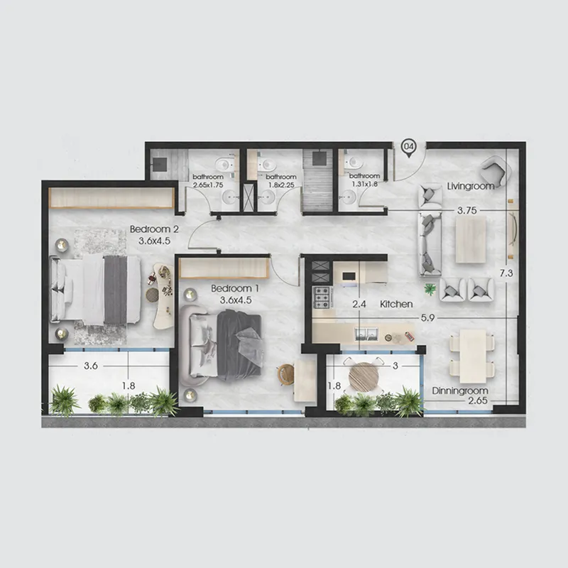 2 BR layout at Ethan