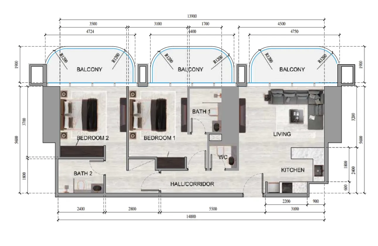 2 BR layout at Ananda Residences