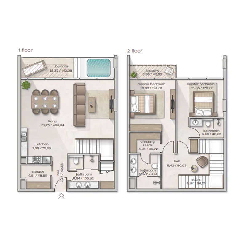 2 BR layout at Zephyra Residences