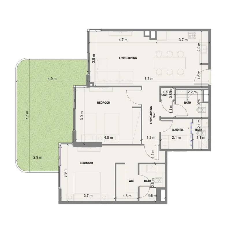 2 BR layout at Blue Marina Residence