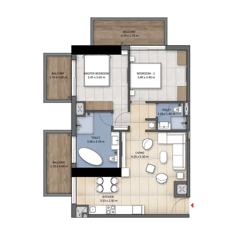 2 BR layout at Tranquil Wellness Tower
