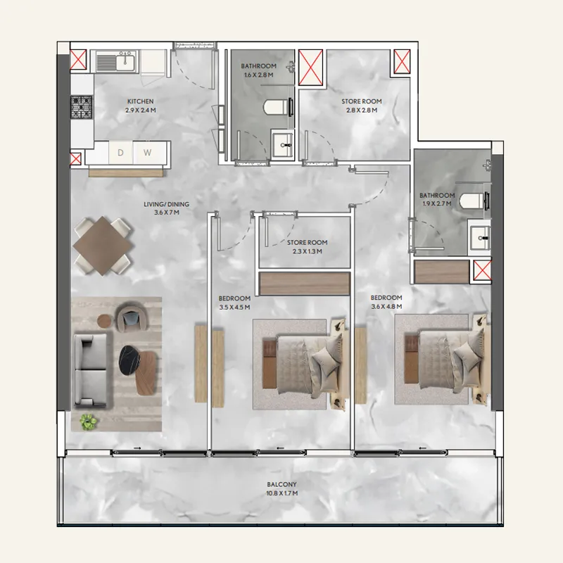 2 BR layout at California Residences