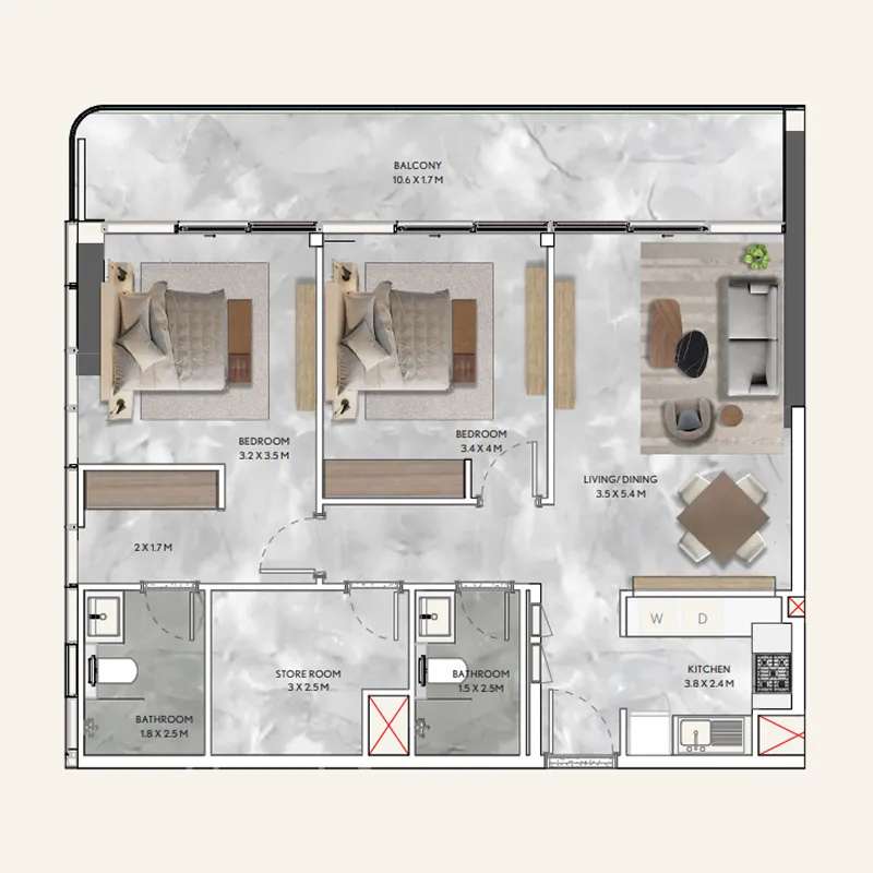 2 BR layout at California Residences