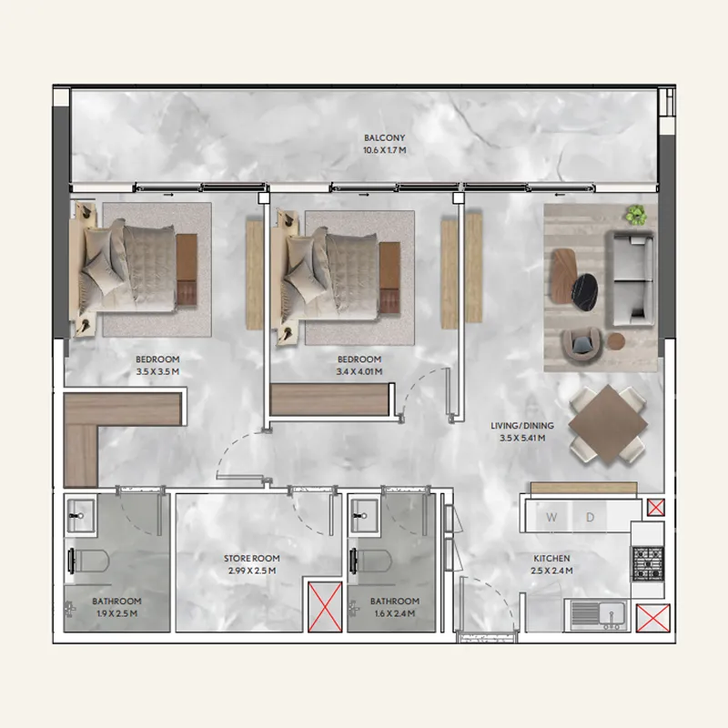 2 BR layout at California Residences