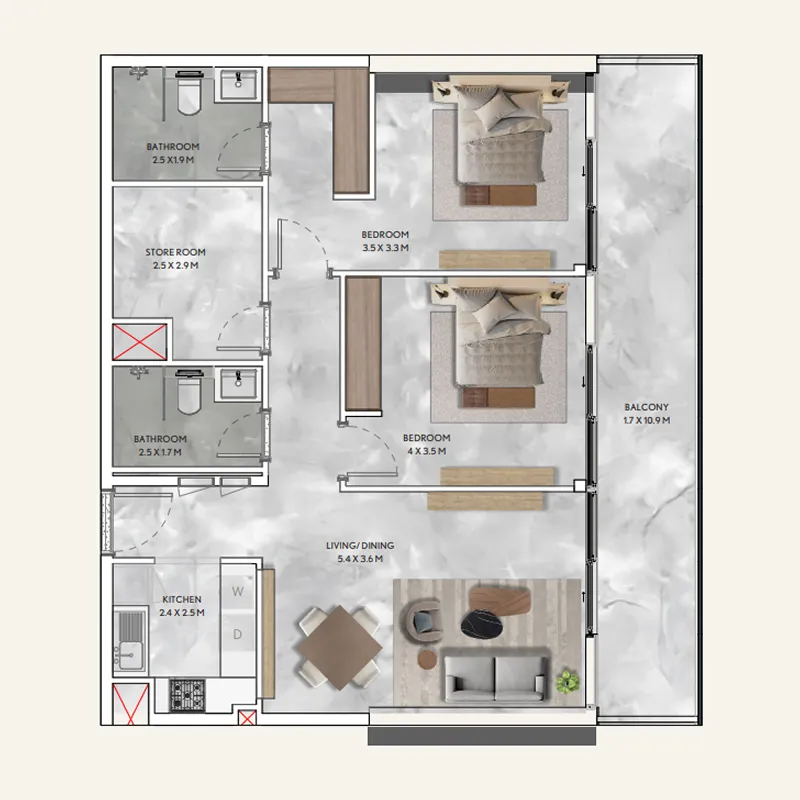 2 BR layout at California Residences