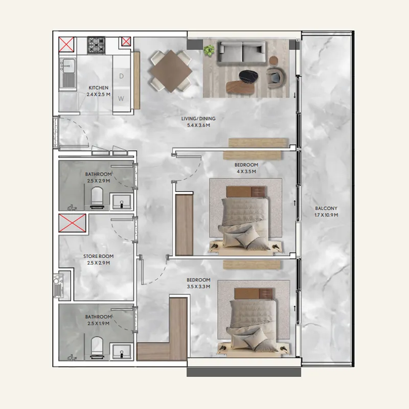 2 BR layout at California Residences
