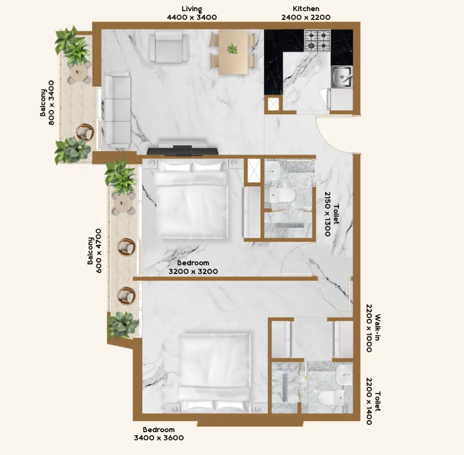 2 BR layout at RR Residence