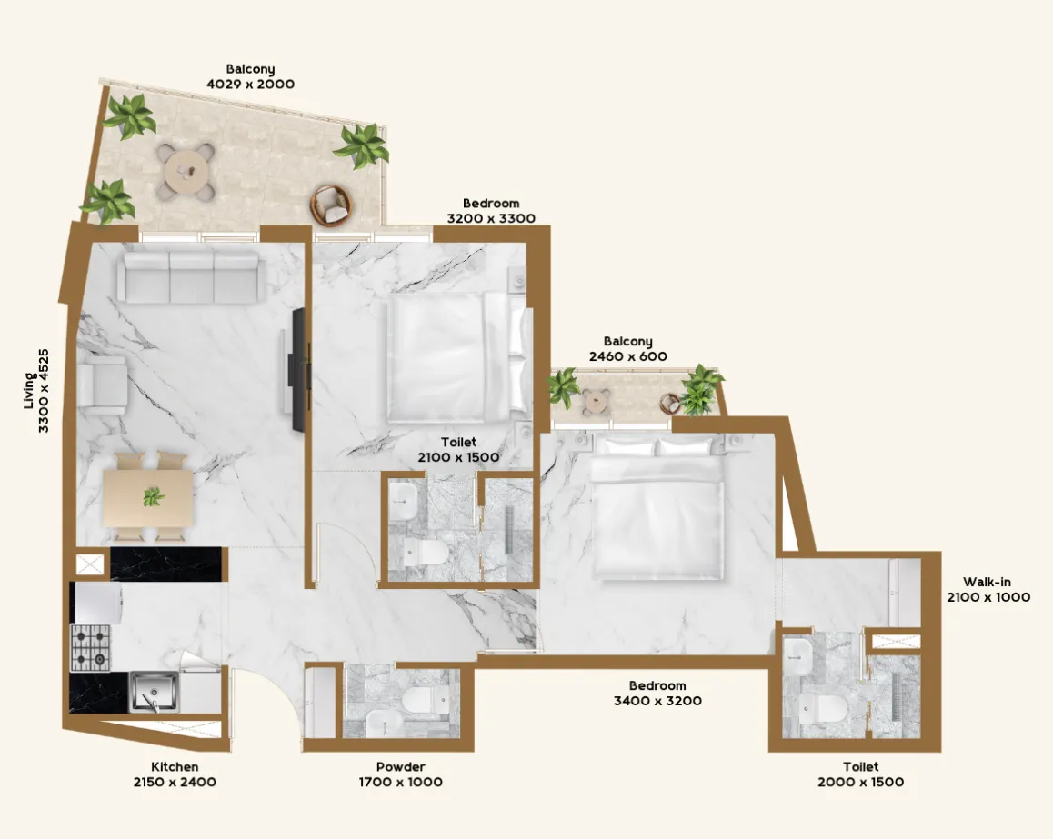 2 BR layout at RR Residence