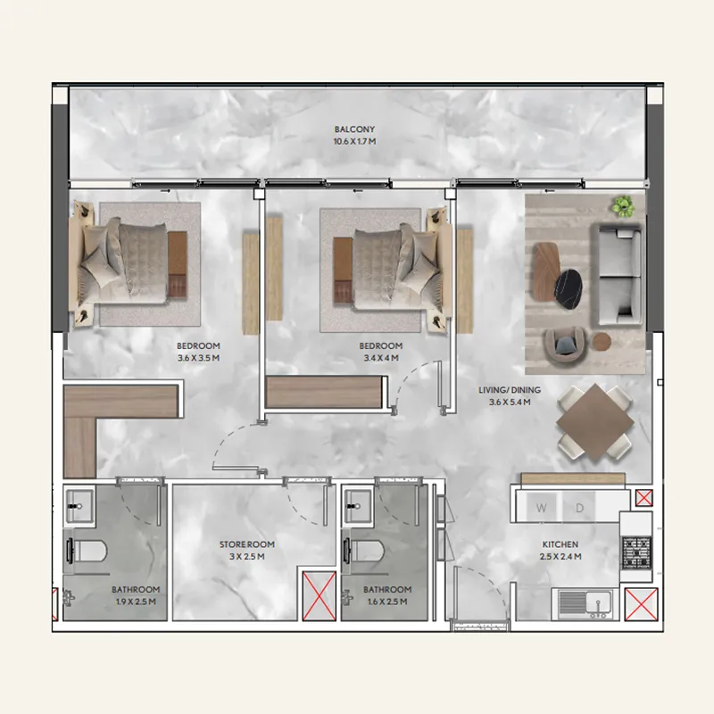 2 BR layout at California Residences