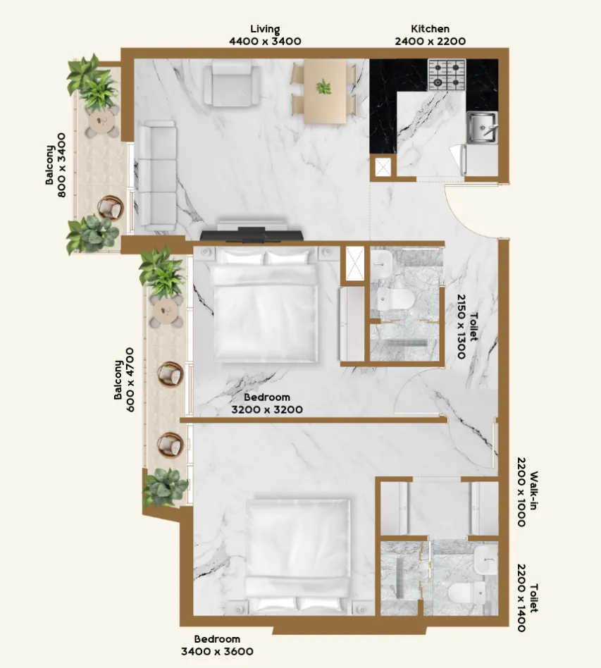 2 BR layout at RR Residence
