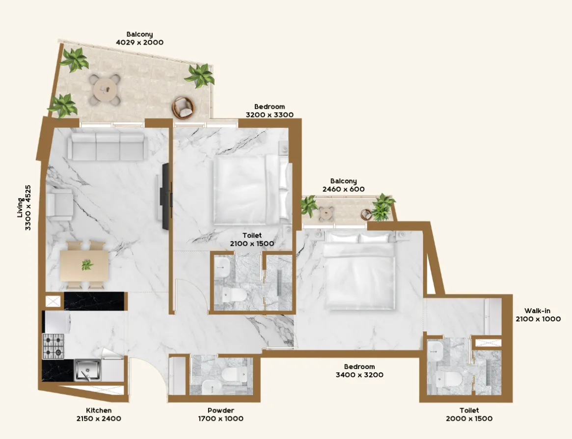 2 BR layout at RR Residence