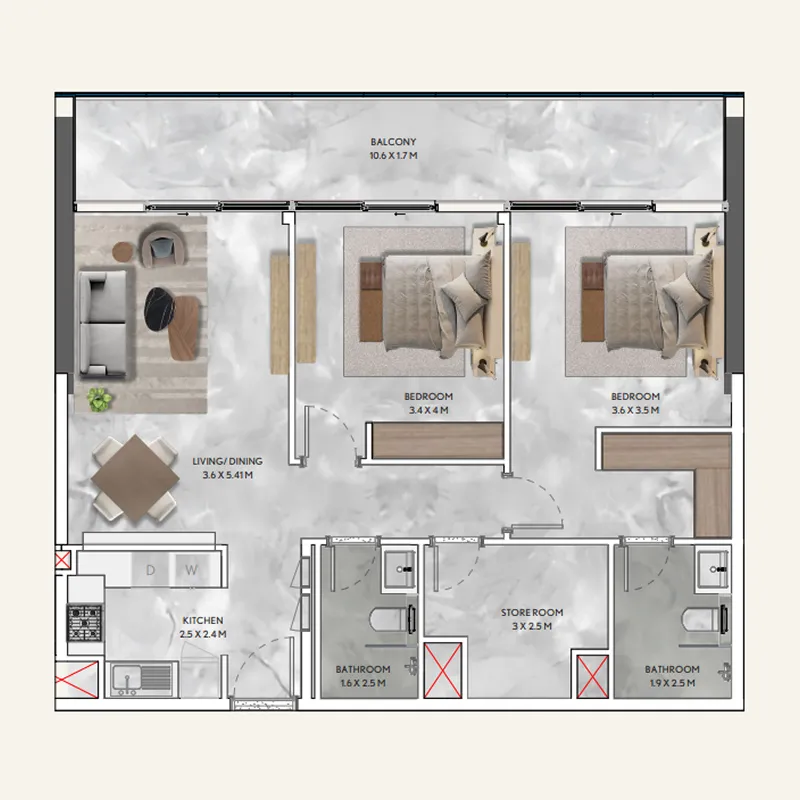 2 BR layout at California Residences