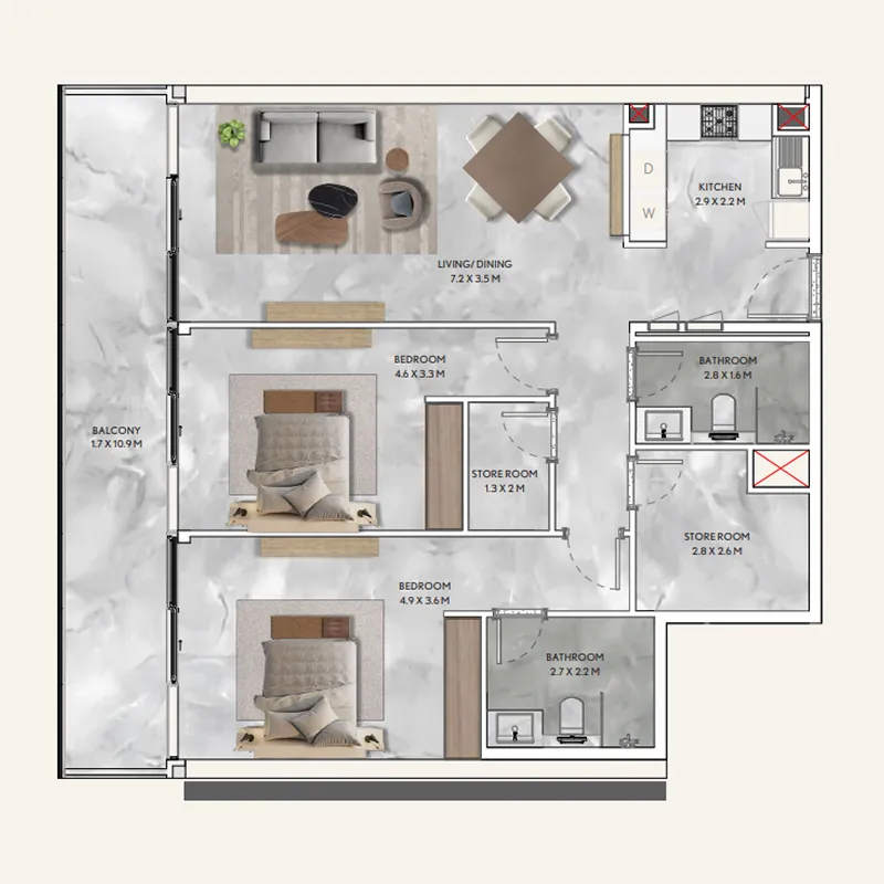 2 BR layout at California Residences