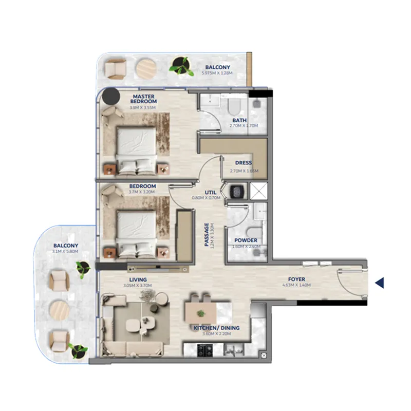 2 BR layout at Vedaire Residences