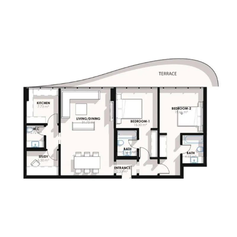 2 BR layout at Coralis Residences