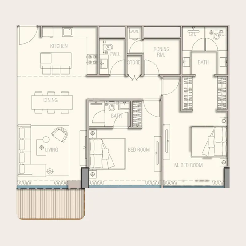 2 BR layout at Aquora by Casa Vista Development
