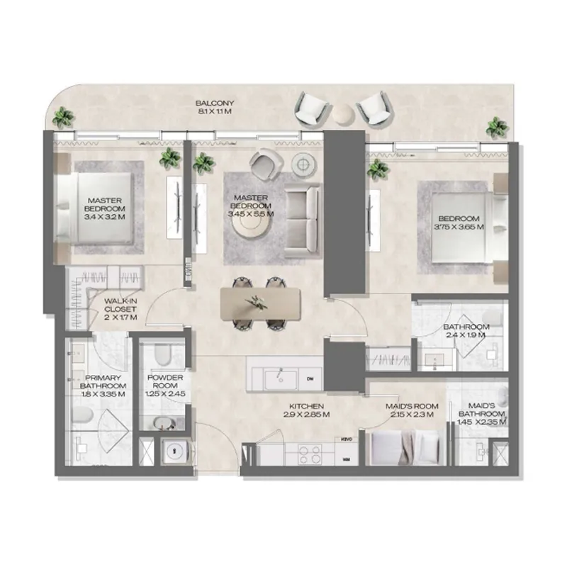 2 BR layout at DWTN Residences
