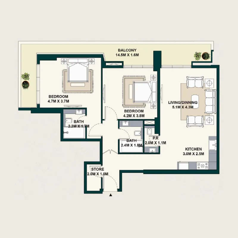 2 BR layout at Exotica by Al Marina