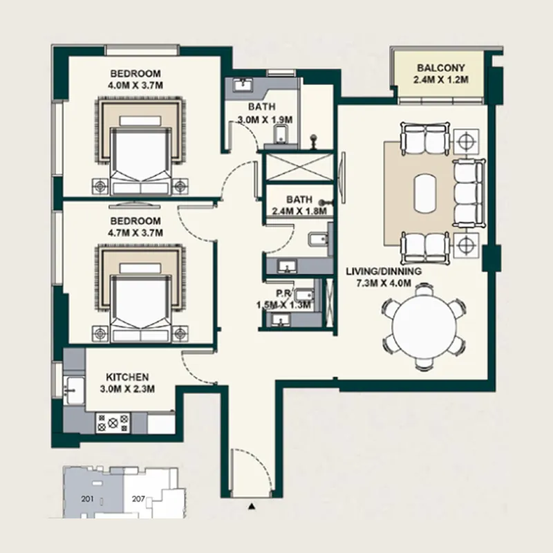 2 BR layout at Exotica by Al Marina