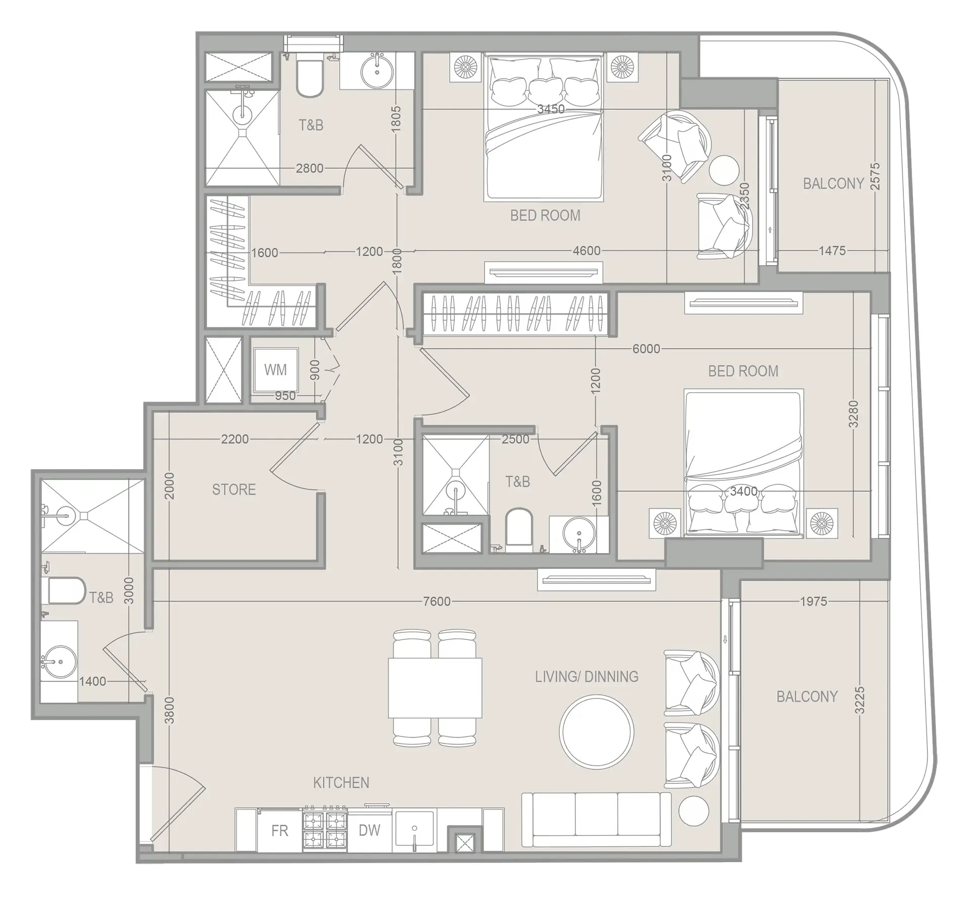 2 BR layout at FLU1D ONE