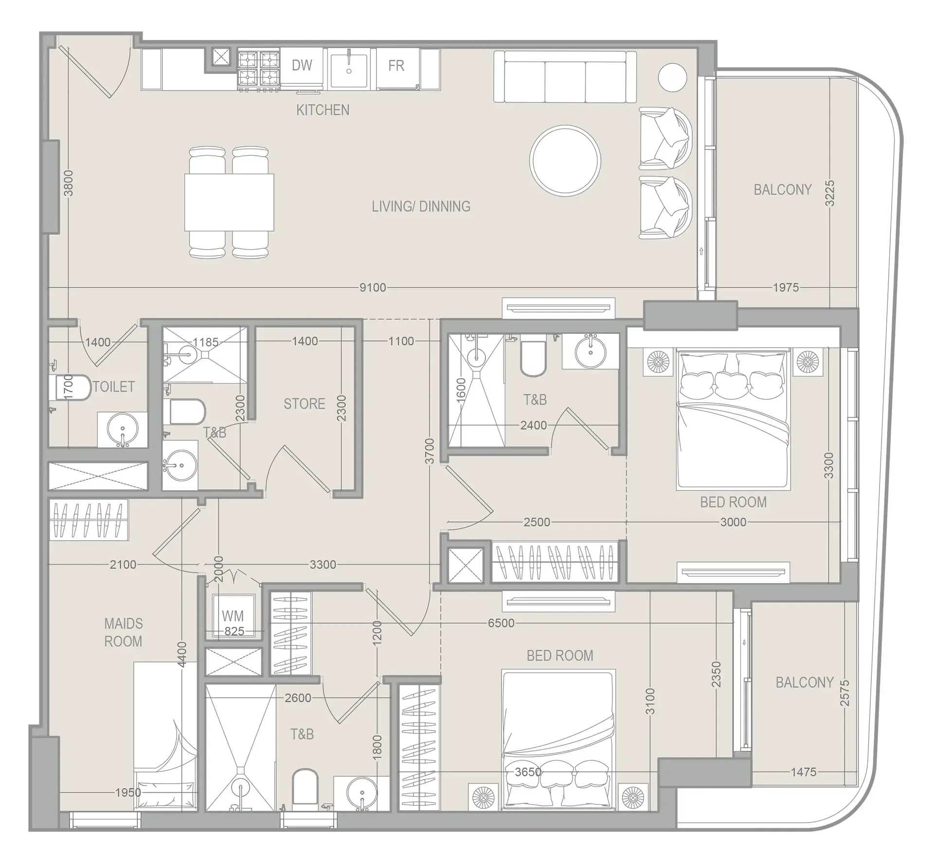 2 BR layout at FLU1D ONE