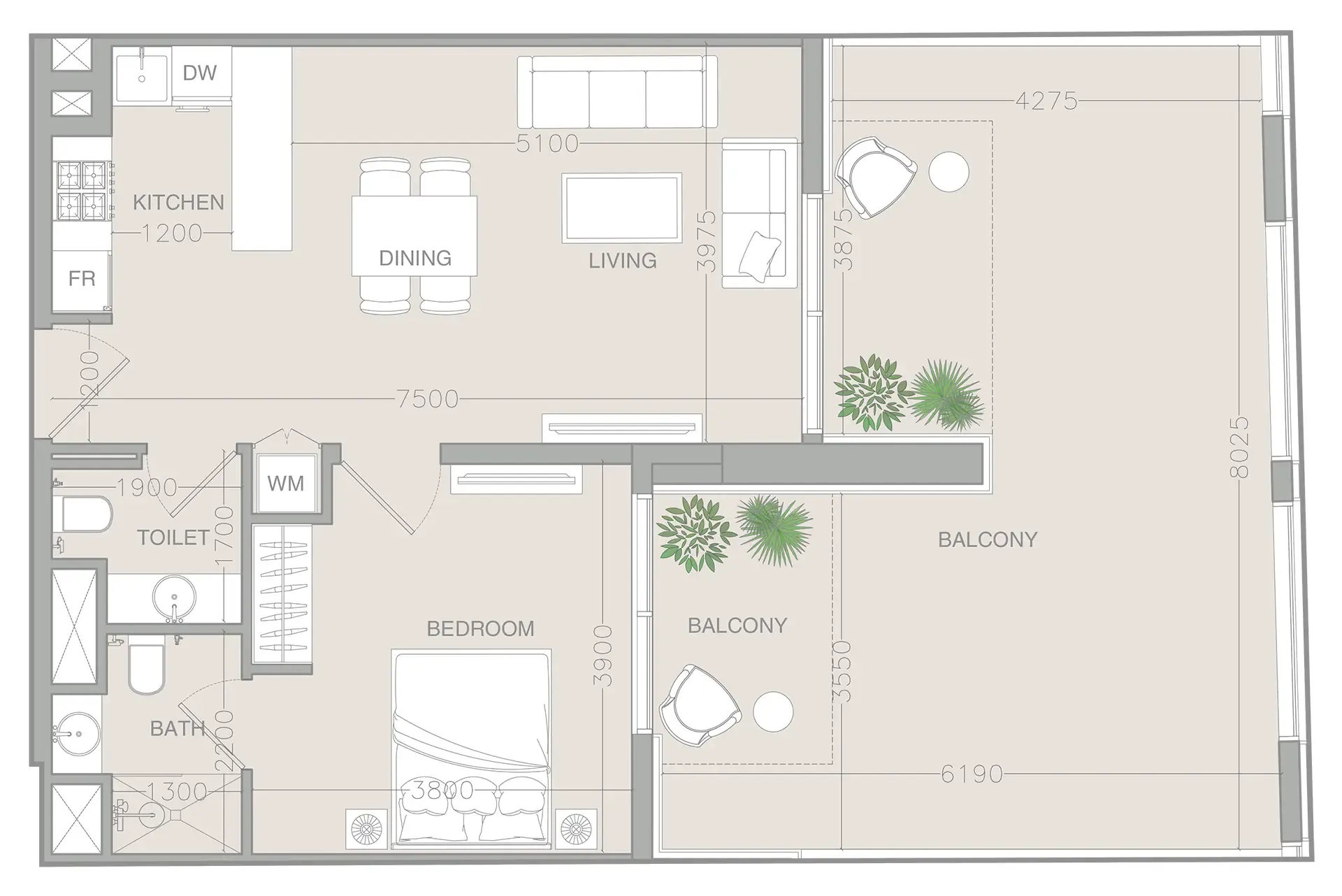 1 BR layout at ELAR1S Rise