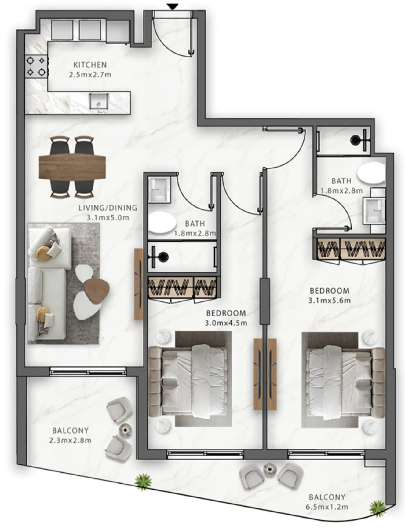 2 BR layout at Trafford Residences