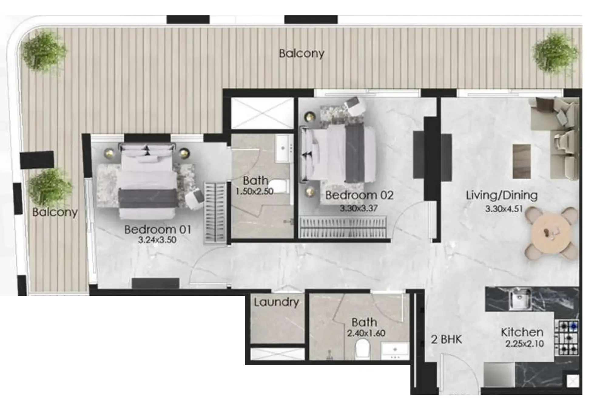 2 BR layout at Aristo