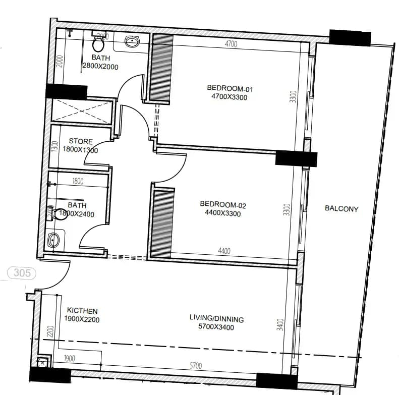 2 BR layout at Astra South