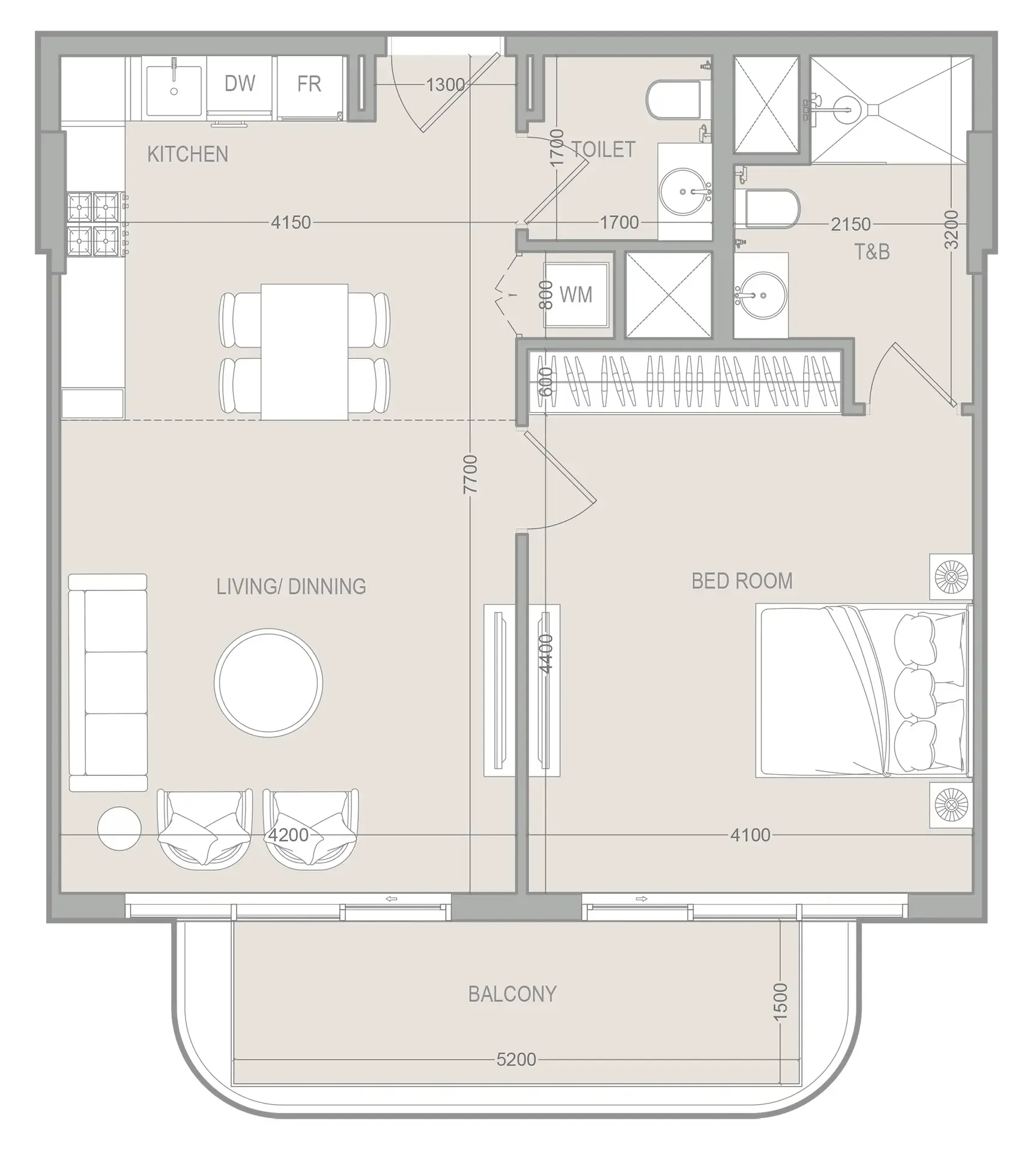 1 BR layout at FLU1D ONE