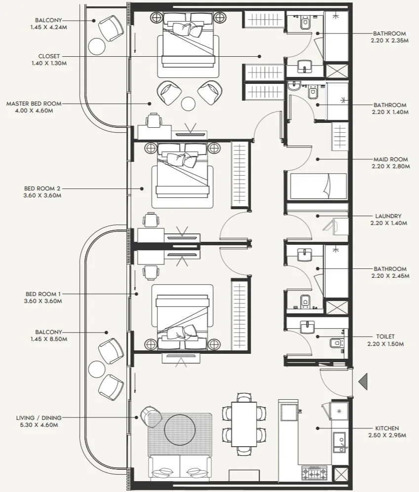 3 BR layout at Azizi Amir