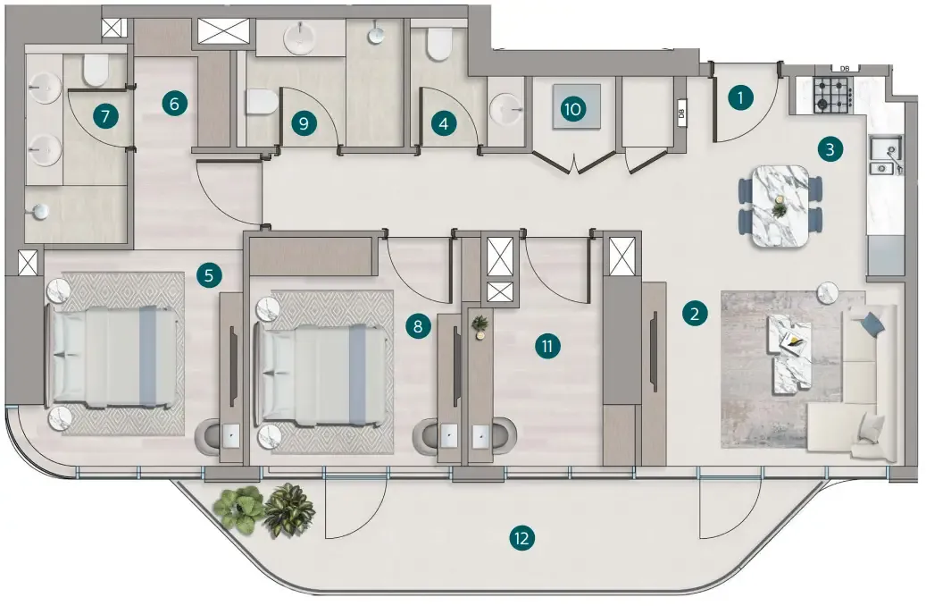 2 BR layout at Flora Shore Beachside Residences